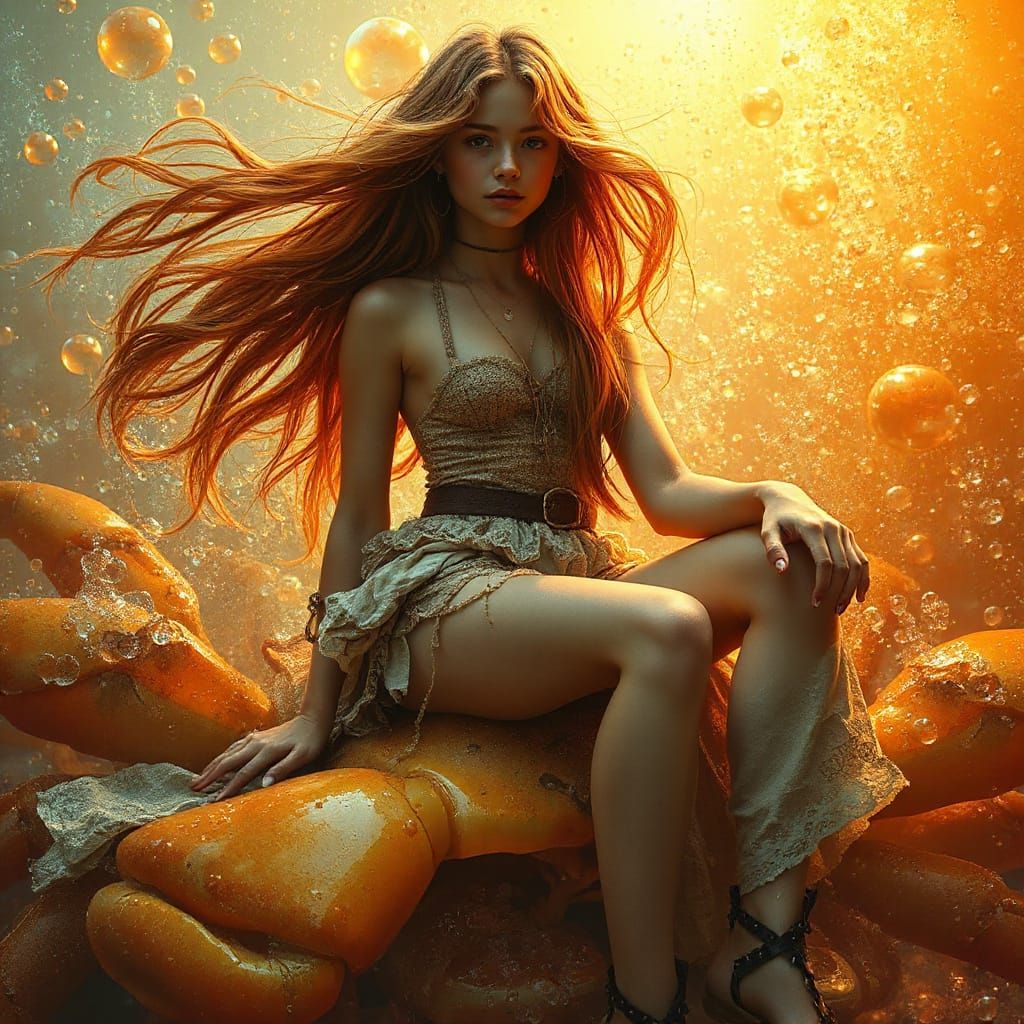 Woman on Gummy Crab in Effervescent Soda Sea