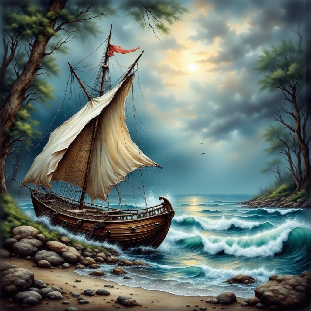 Stormy Waves in Overturned Umbrella: Antique Watercolor