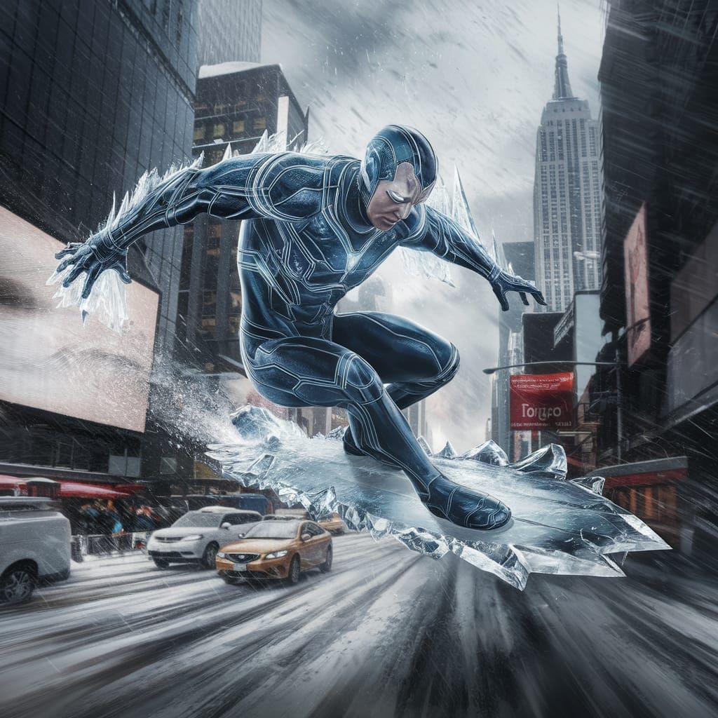 Icy Superhero Surfs Through Frozen City in Blizzard