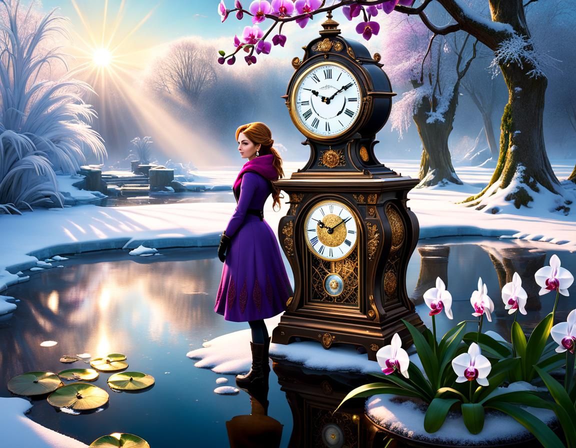 Surreal Girl with Clock on Frozen Orchid Pond