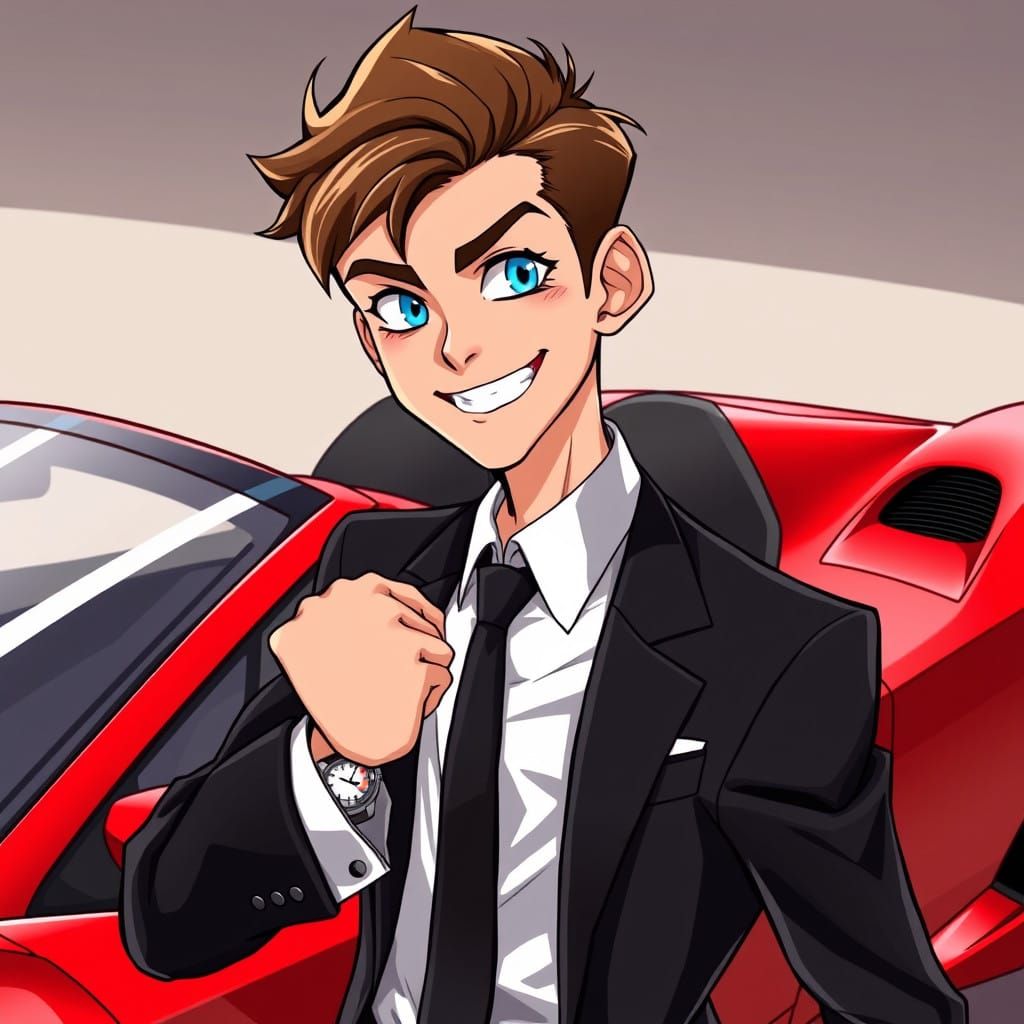 Confident Teen Spy in Cherry-Red Ferrari