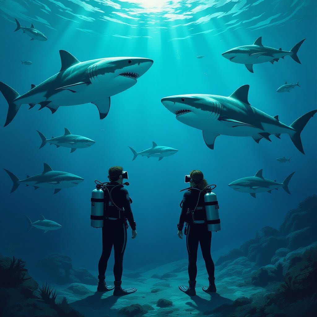 Friends Amazed by Sharks in Deep Sea Dive