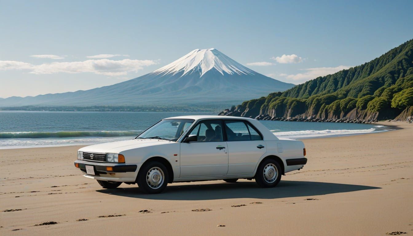 Stunning White Nissan Bluebird Model Car on Mt. Fuji Beach