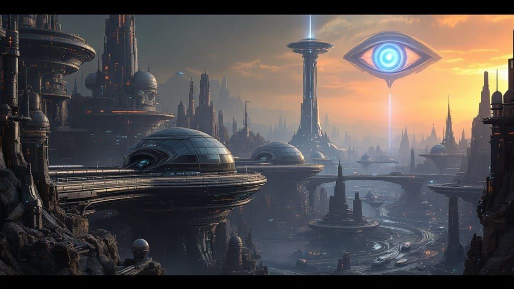 Cyberpunk Galactic Metropolis under Dark Skies