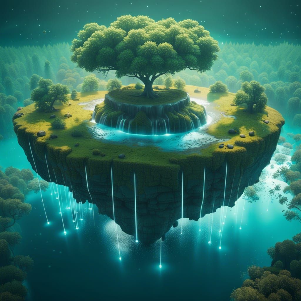 Surreal Floating Island with Giant Luminescent Tree