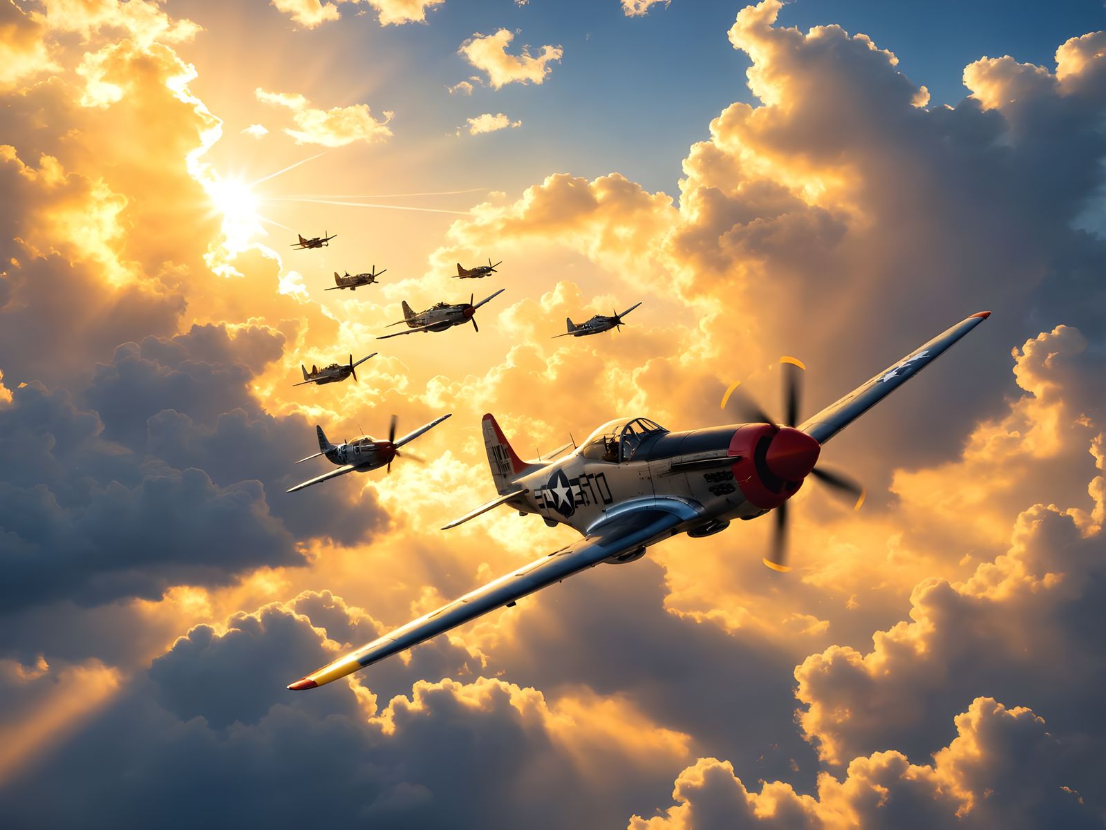 P-51 Mustangs Soaring Through Golden Sunlight
