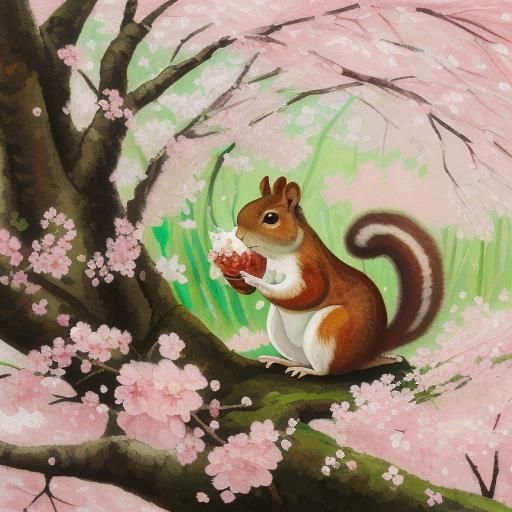 Squirrel in Cherry Blossom Forest: Expressionist Oil Paintin...