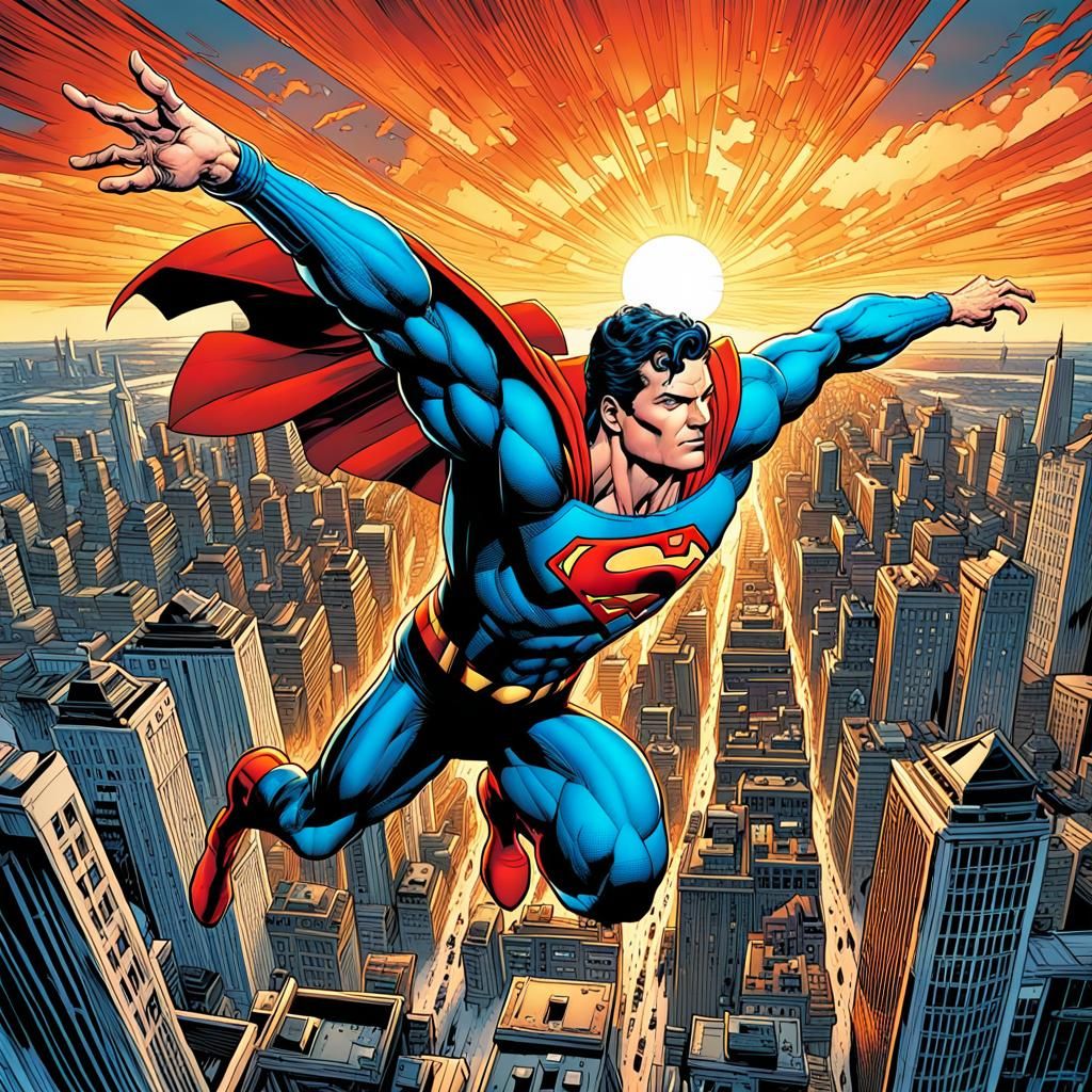 Superman Soaring Over Metropolis in Comic Book Art