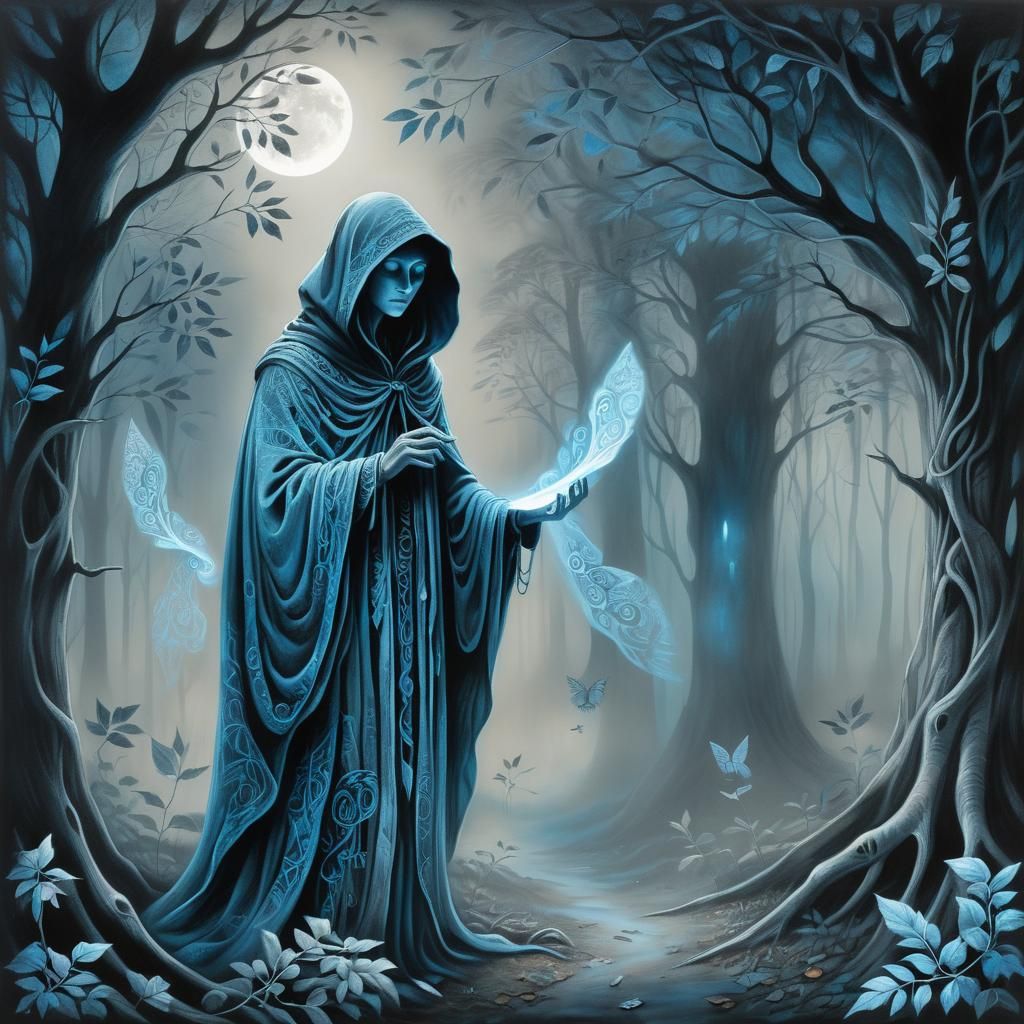 Mystical Hooded Figure in Charcoal Drawing