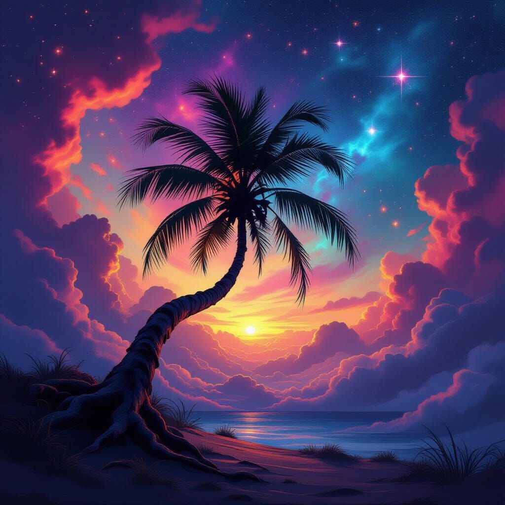 Ancient Palm Tree Silhouetted Against Cosmic Nebula