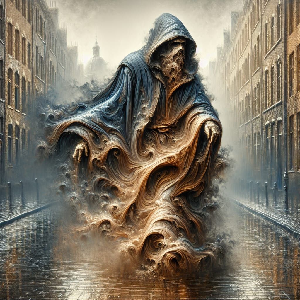 Misty Hooded Figure featuring "Character"wearing a tattered dark hooded tunic, standing in a dynamic pose walking toward...