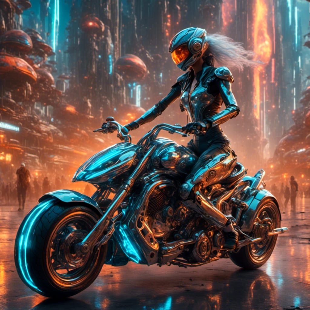 Wizard on Motorcycle in Futuristic Cityscape