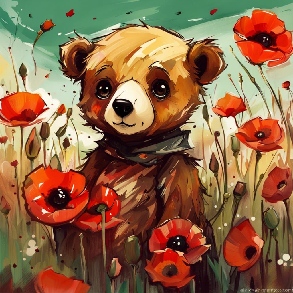 Cute Bear in Poppy Field, Anime Style