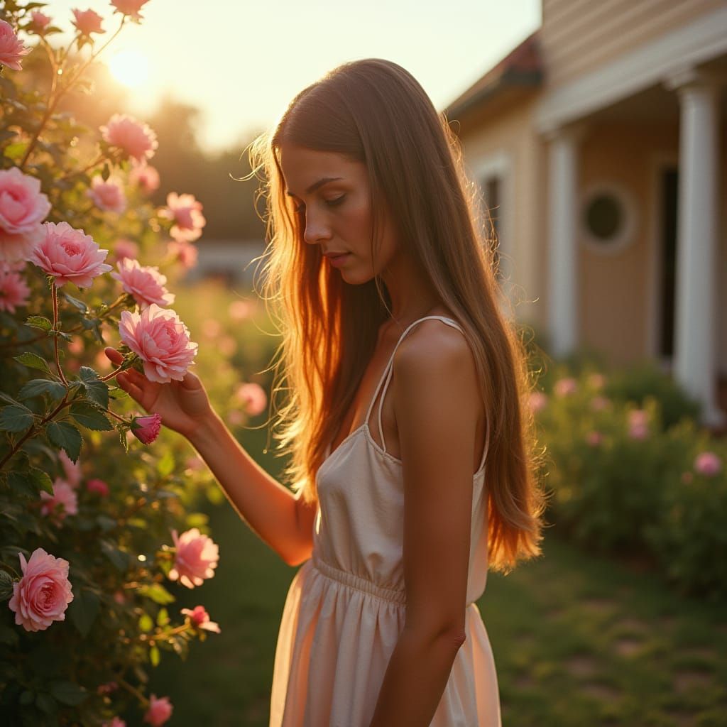 Woman in Flower Garden: Cinematic Film Still