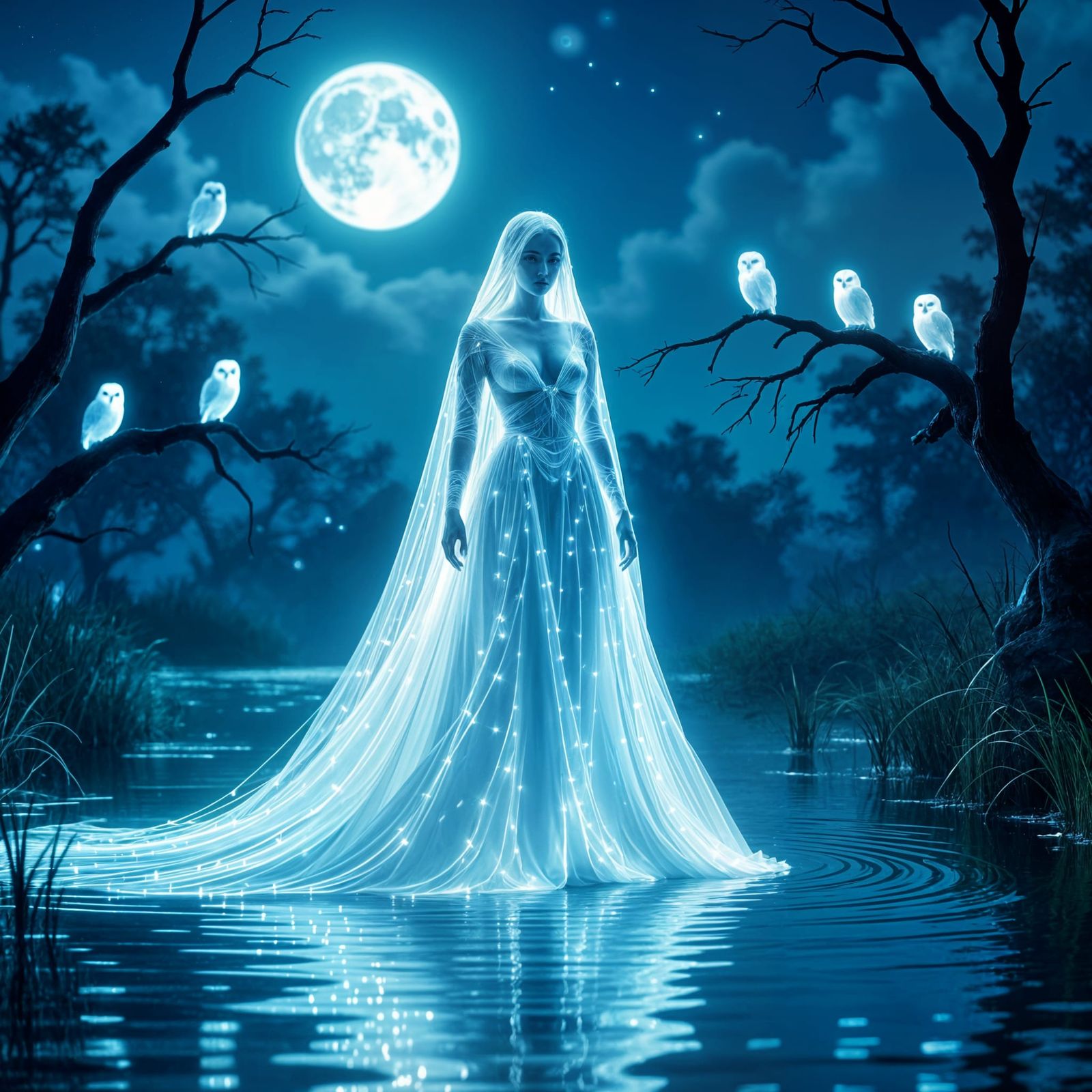 Ghostly Woman of Light in Moonlit Swamp