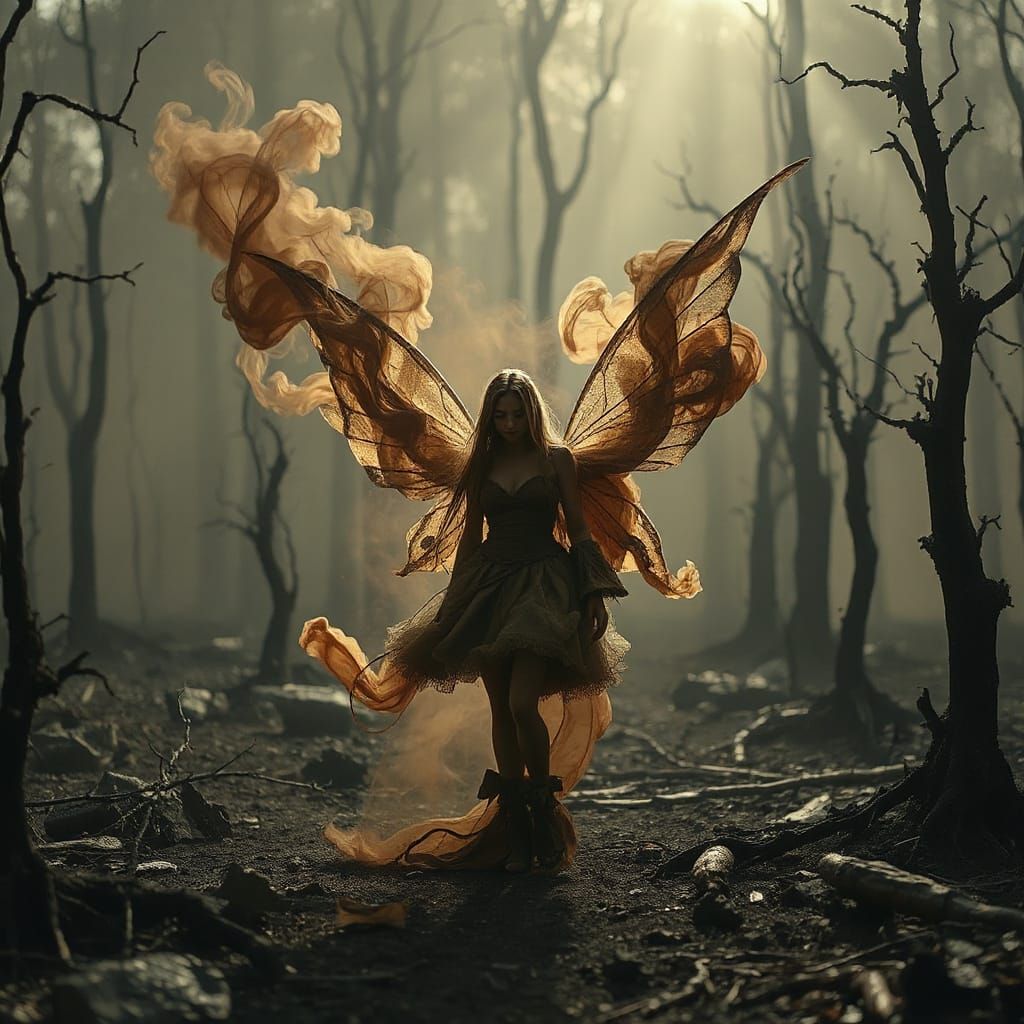 Smoke Fairy in Charred Forest, Dark Fantasy Art