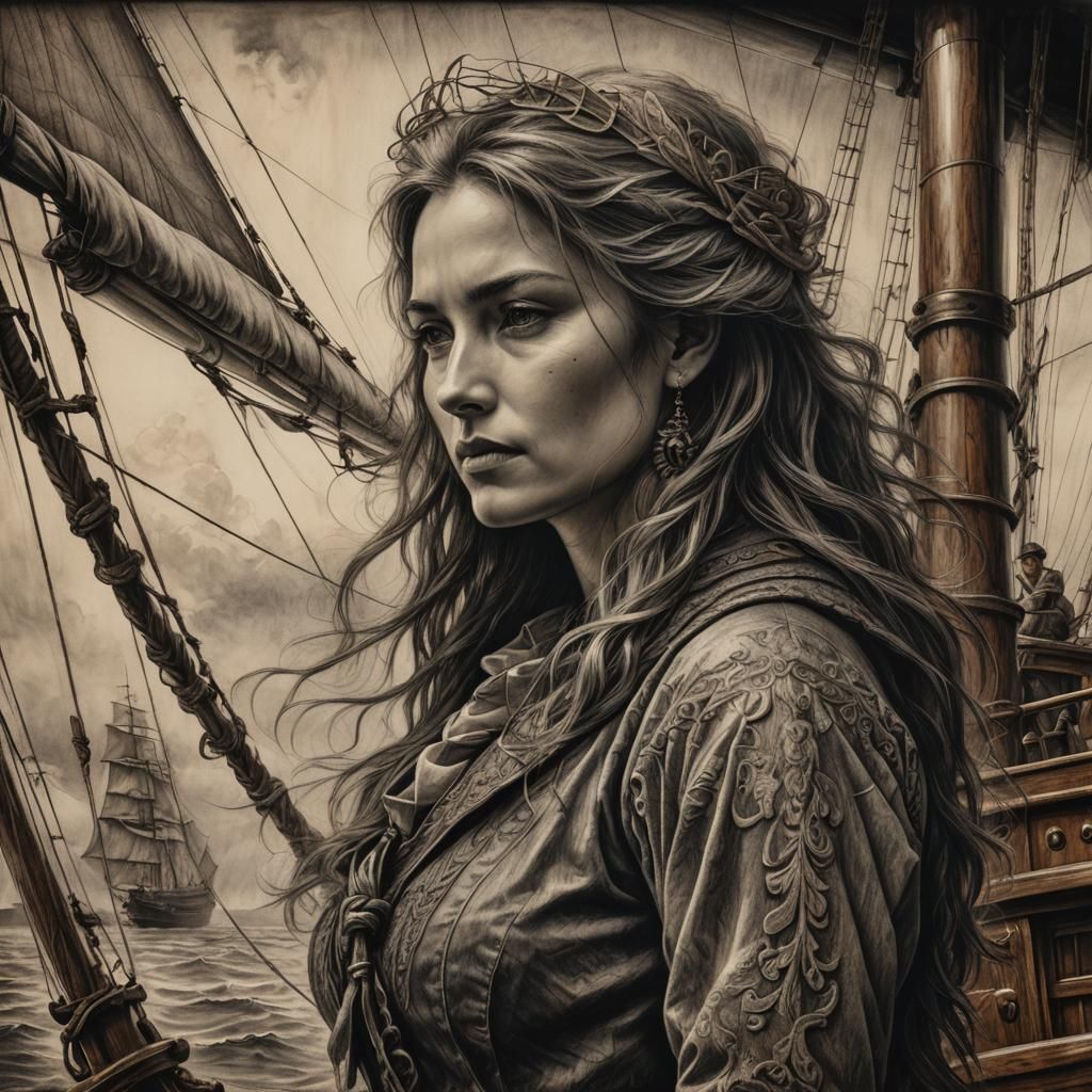 Majestic Sailing Ship Charcoal Drawing