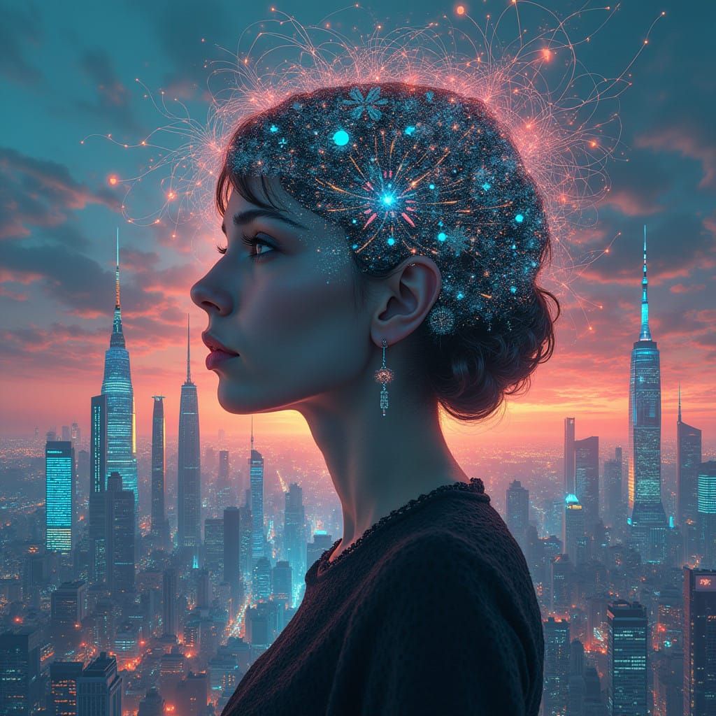 A Woman's Mind Illuminates a Futuristic Cityscape in Cyberpu...