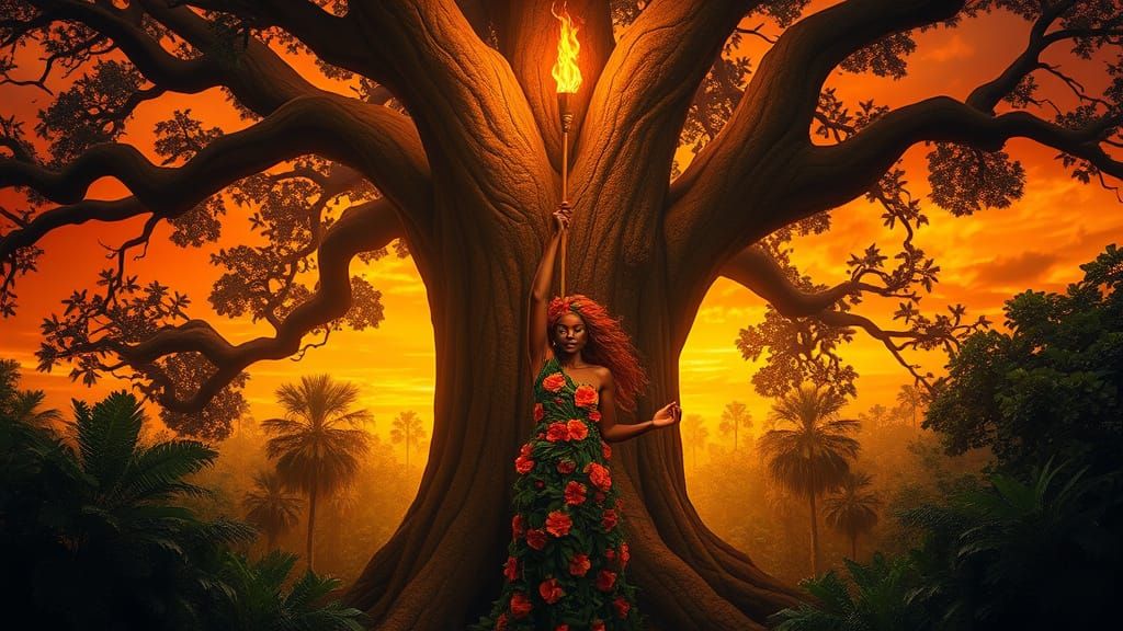 Ancient Tree Goddess Reigns Over Vibrant Jungle Sunset