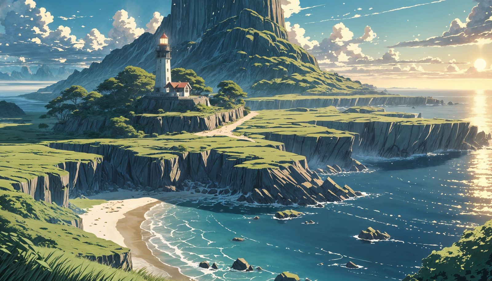 Mystical Lighthouse Landscape at Sunrise in Anime Style