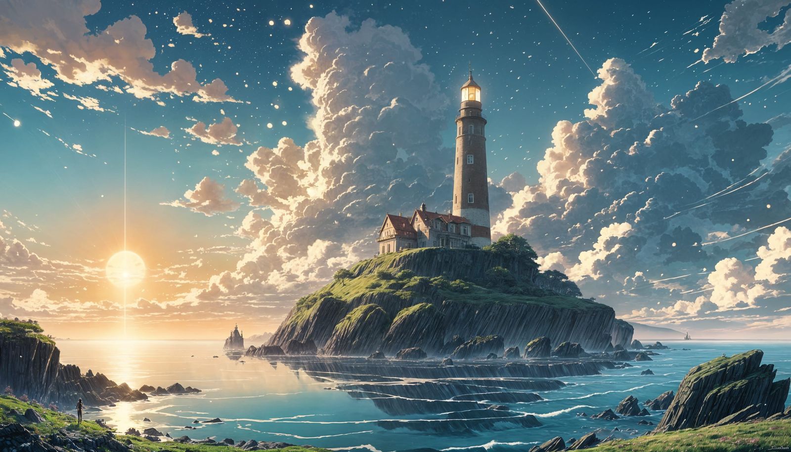 Fantasy Lighthouse Landscape at Summer Sunrise