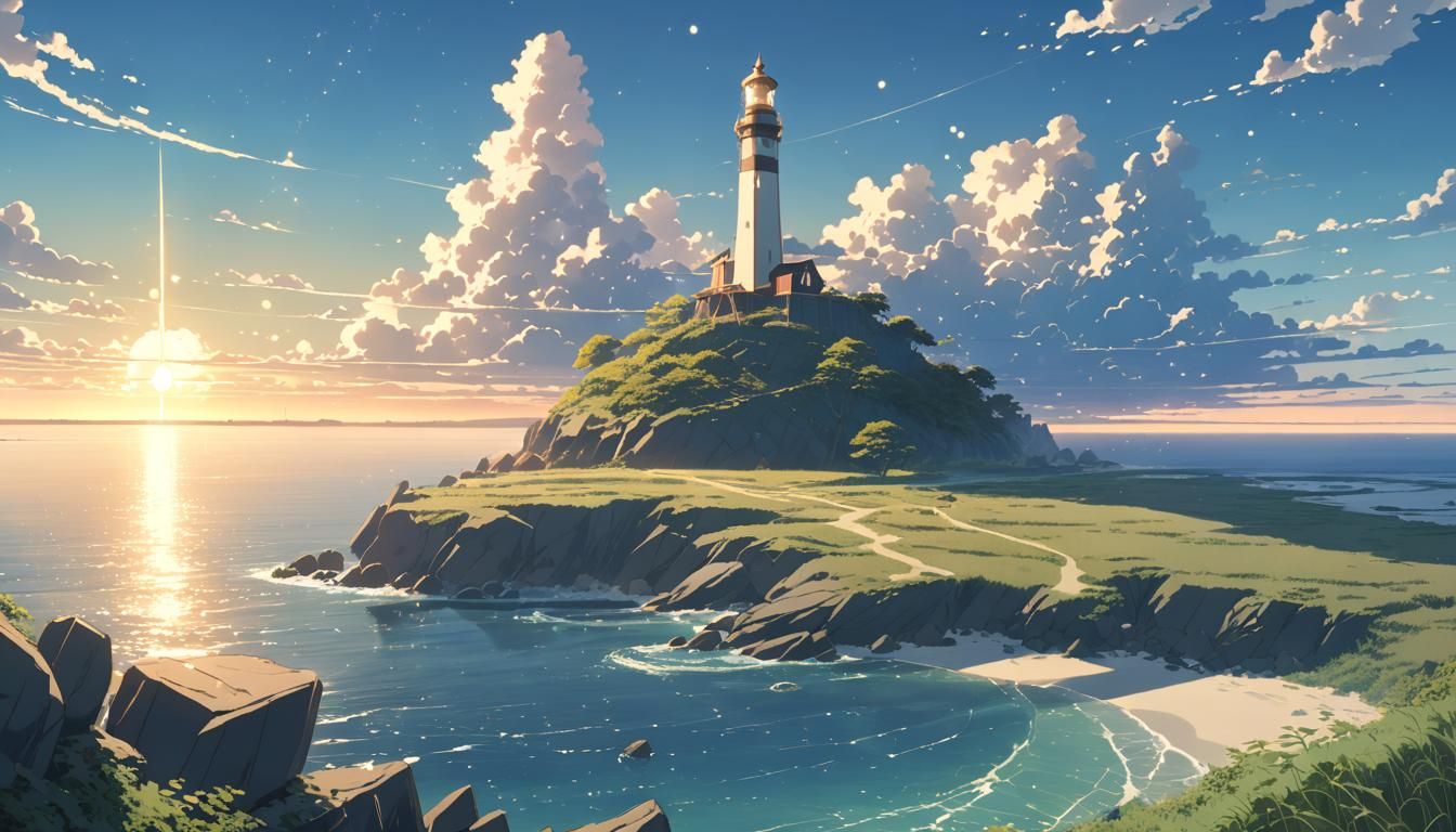 Lighthouse Fantasy Landscape at Summer Sunrise