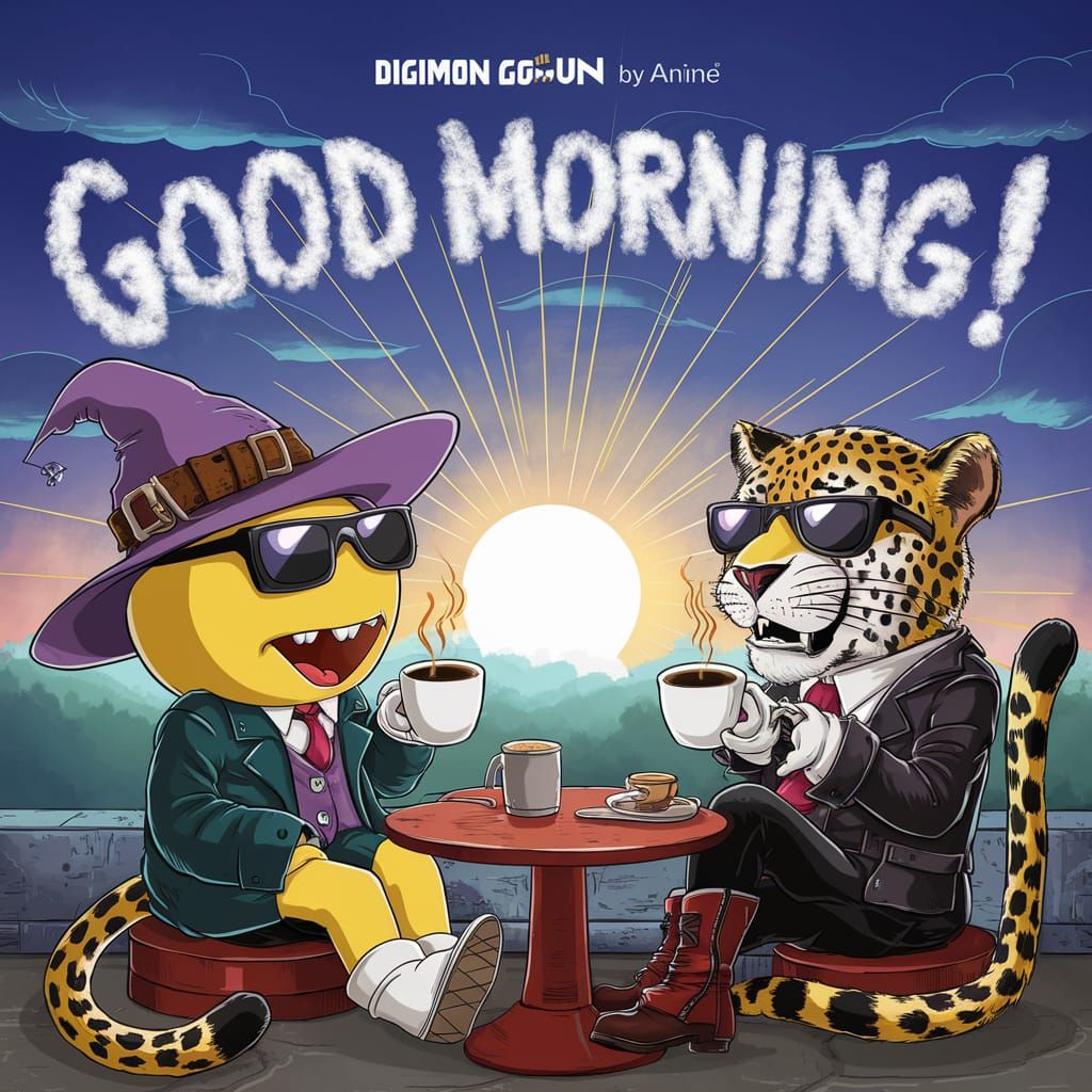 Anime Digimon and Leopard Enjoying Sunrise Coffee