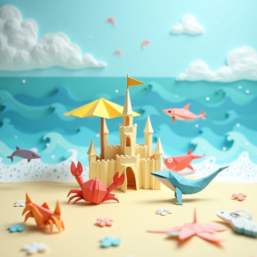 Whimsical Beach Scene with Papercraft Animals