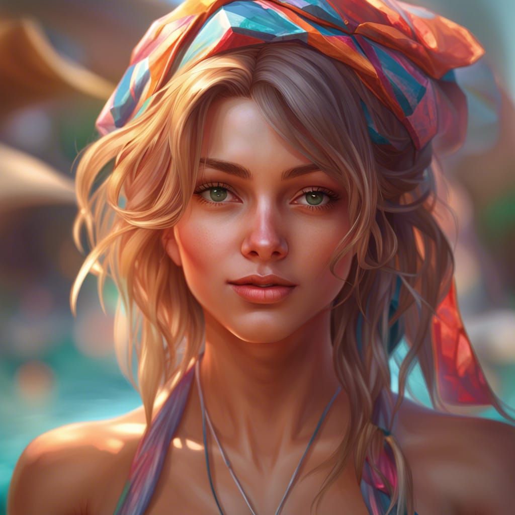 Detailed Portrait of Woman in Bikini, Art Nouveau Style