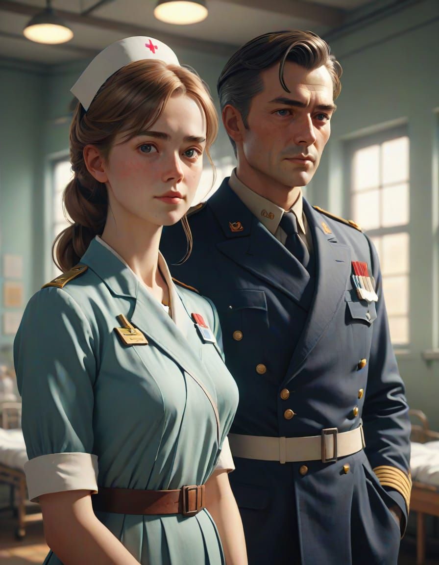 Romantic WWII Hospital Portraits in Anime-Style 3D