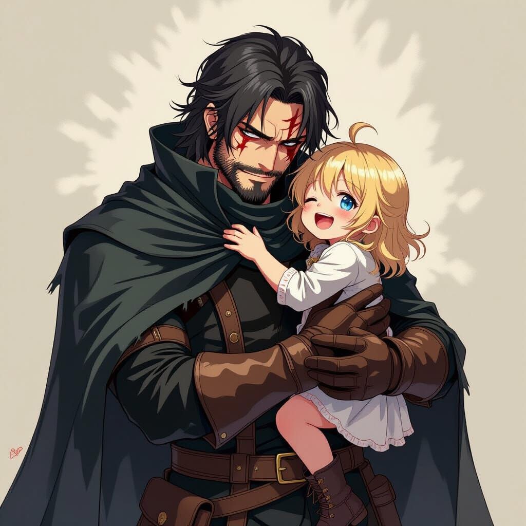 Anime Warrior Cradles Toddler Daughter