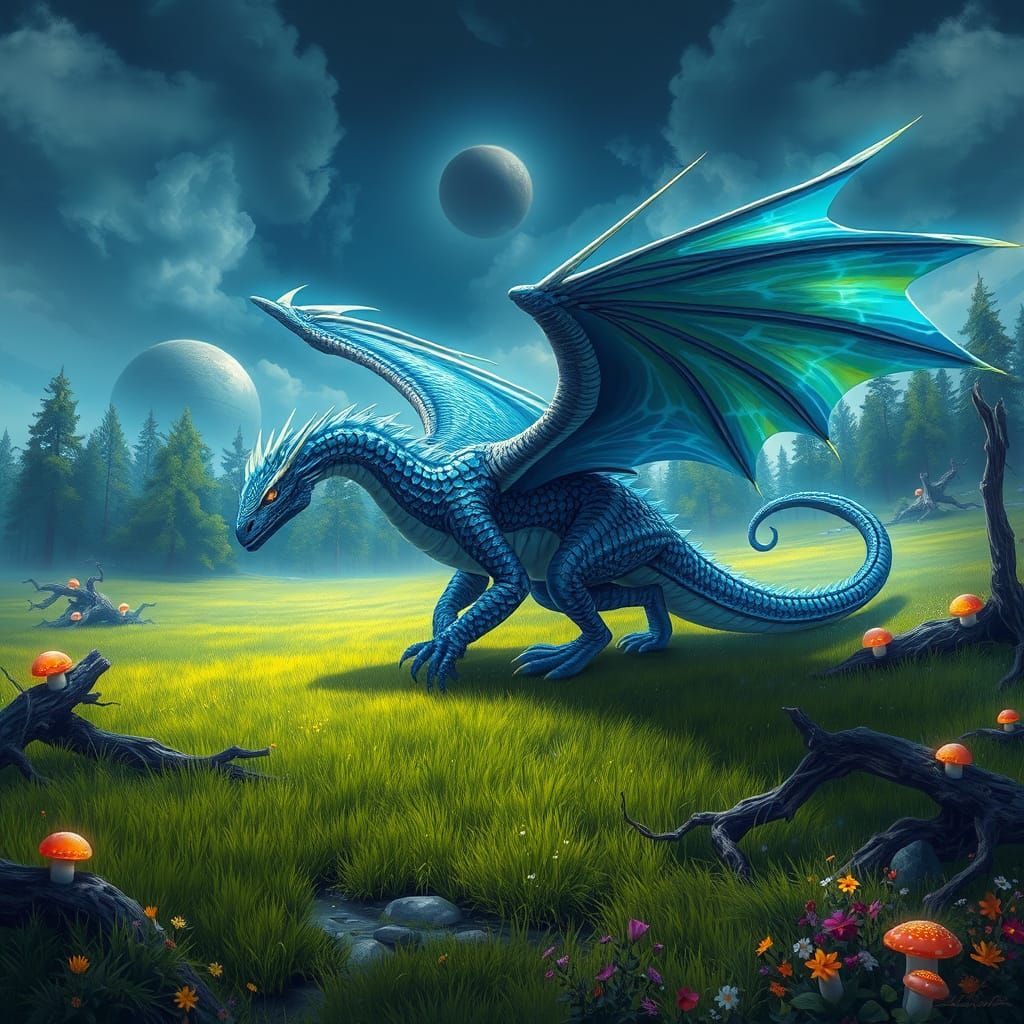 Neon Dragon Gliding Over Grassy Plain