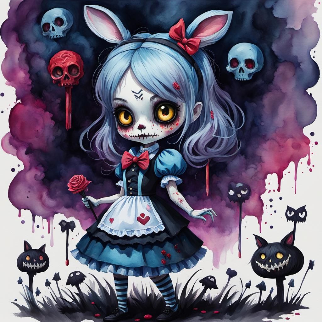 Chibi Zombie Alice in Wonderland in Gouache Style