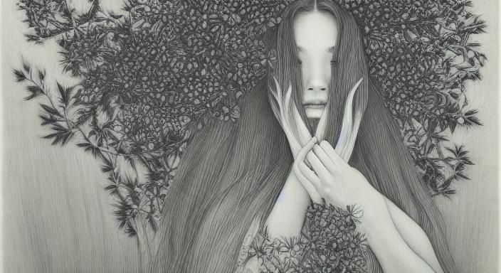 Elegant Woman with Flower in Etching Aquatint Style