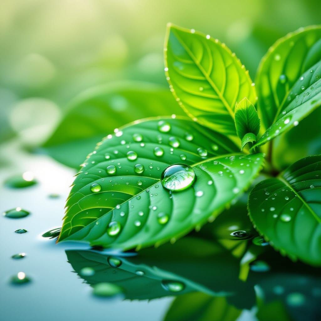 Hyper-realistic Dew Drops on Green Leaf