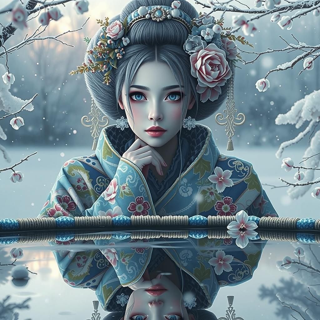 Winter Geisha Reflecting, in Atmospheric Futuristic Style