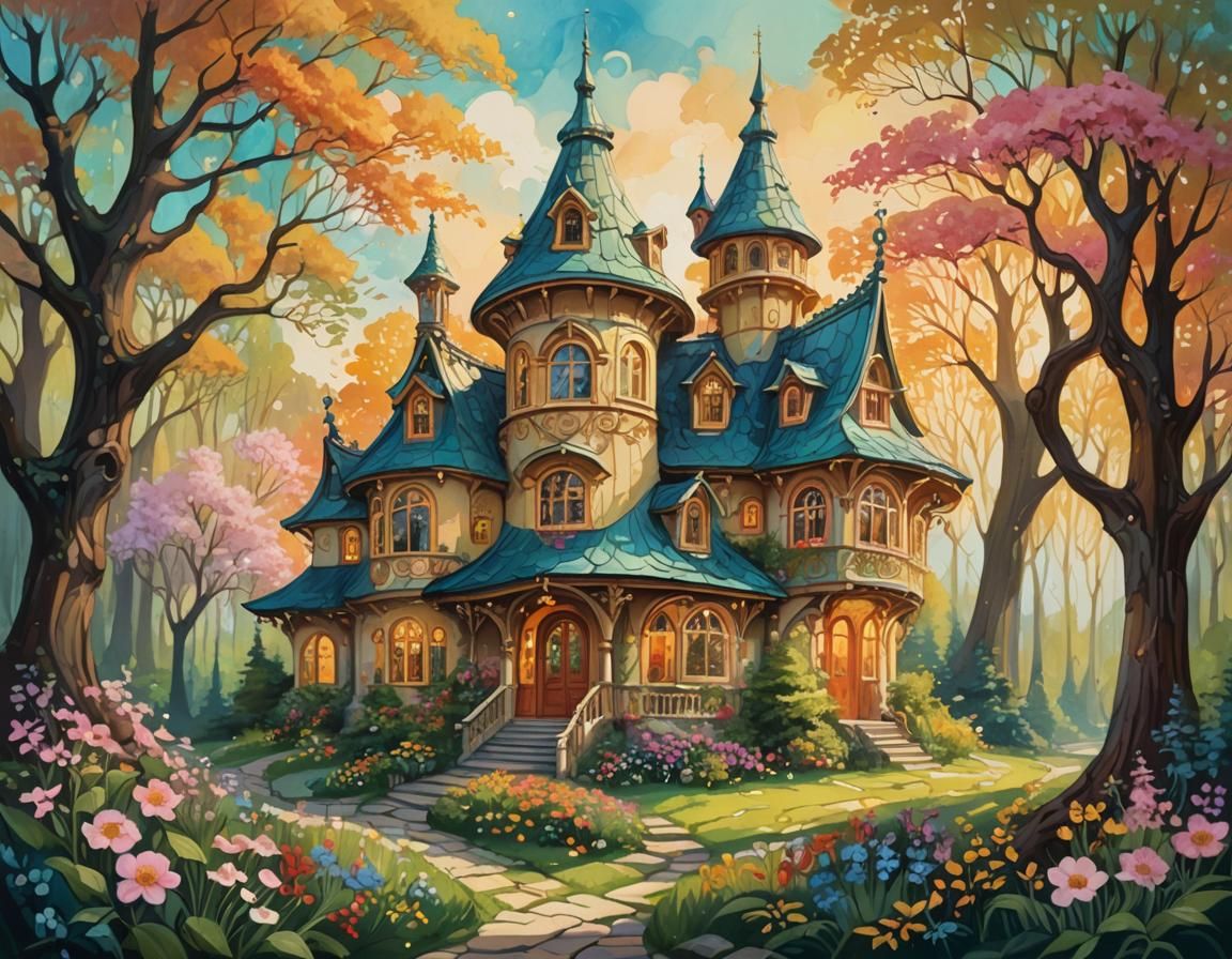 Whimsical Fantasy House in Gouache Style