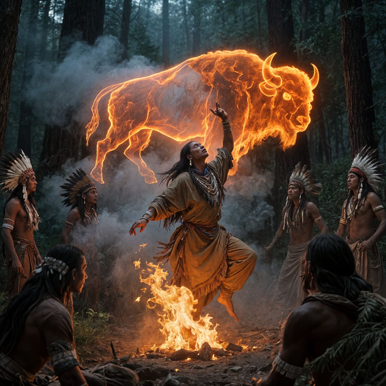 Indian Shaman's Fiery Bison Dance in Digital Art Style
