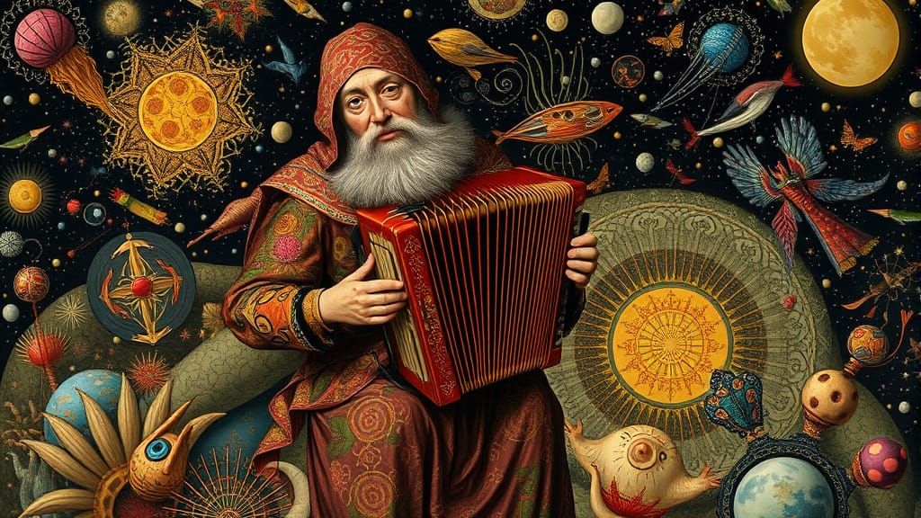 Bizarre Accordionist at Galaxy's Edge in Bosch Style