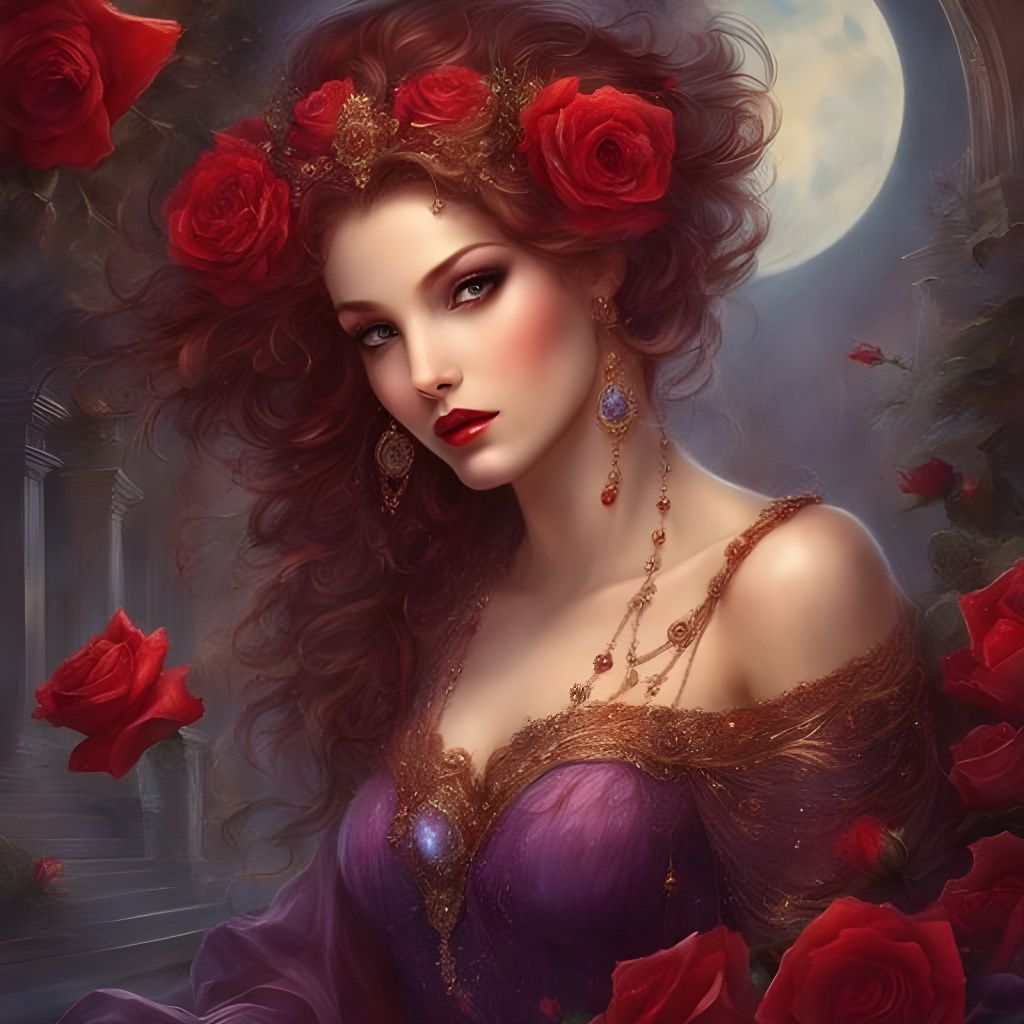 Gothic Italian Girl Portrait with Roses and Pearls