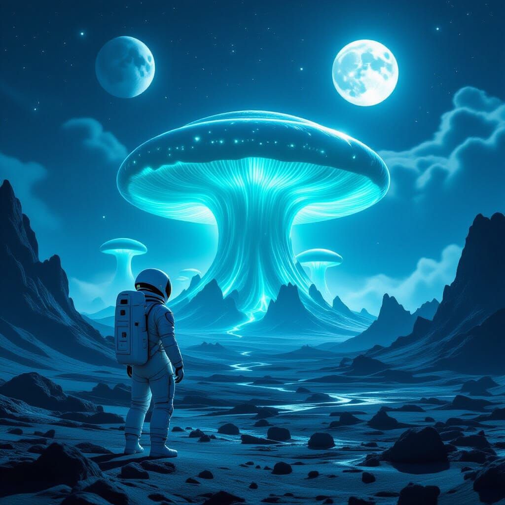 Astronaut Explores Alien Bioluminescent Mushroom Forest