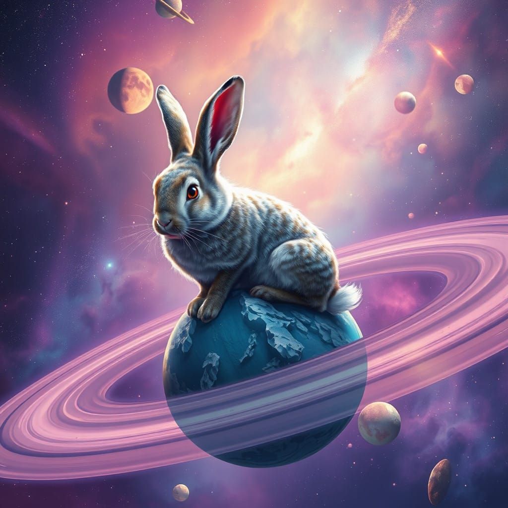 Galaxy with a Bunny on Saturn's Rings in Dreamy, Vibrant Hue...