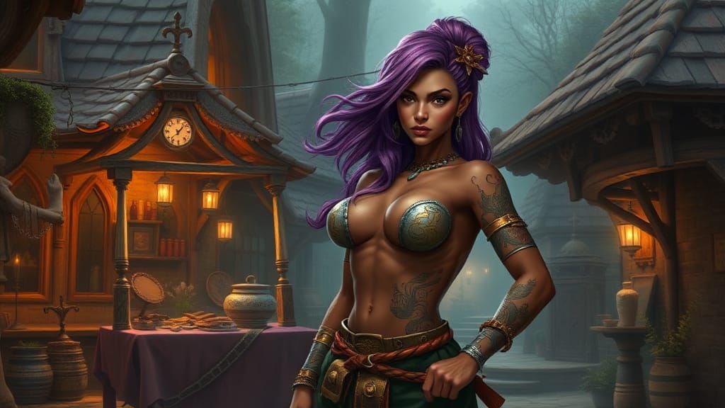 Ethereal Fantasy Village Scene with Tattooed Bodybuilder