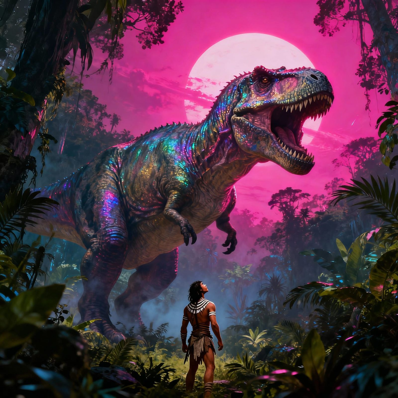 Colossal T-Rex in Alien Jungle Under Magenta Sun