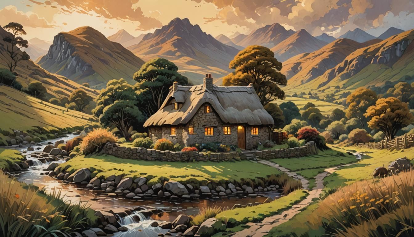 Idyllic Cottage in Golden Light, Impressionist Oil Painting