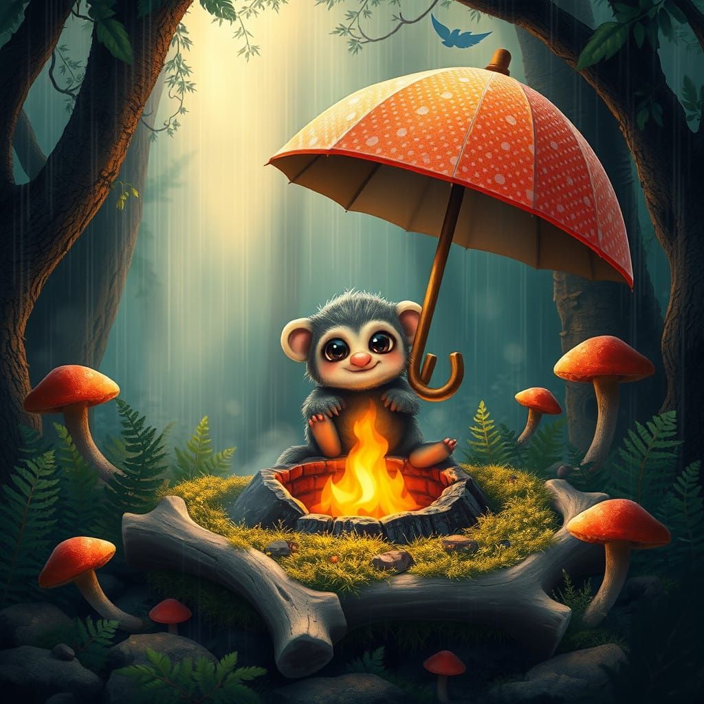 Whimsical Creature Sits by Fireplace in Enchanted Forest