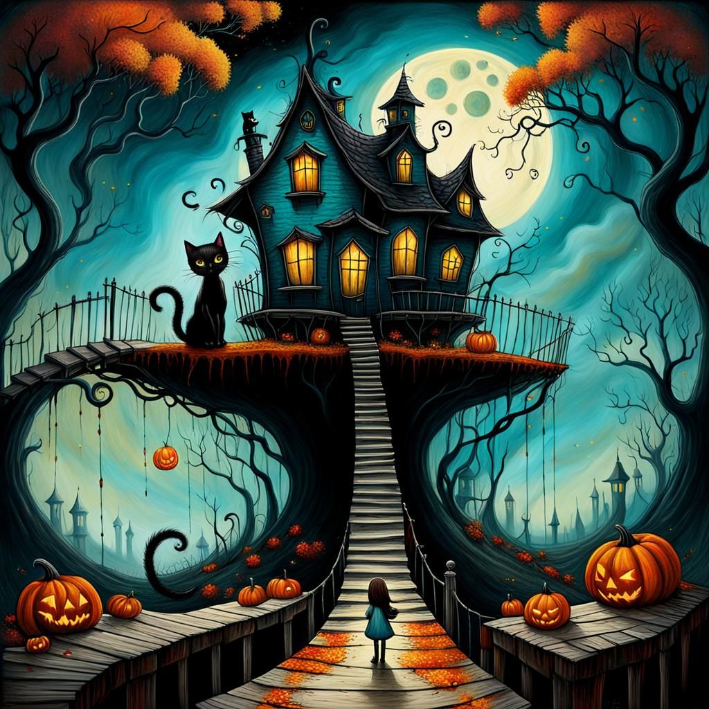 Girl and Kitten Spooky House in Pop Surrealism