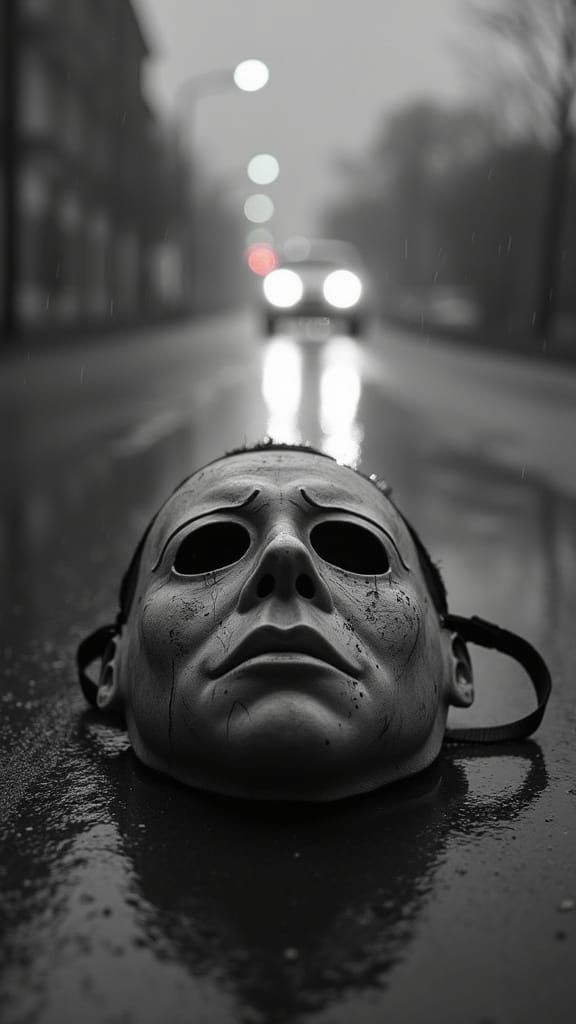 Abandoned Horror Mask in Rain: Hyperrealistic Black and Whit...