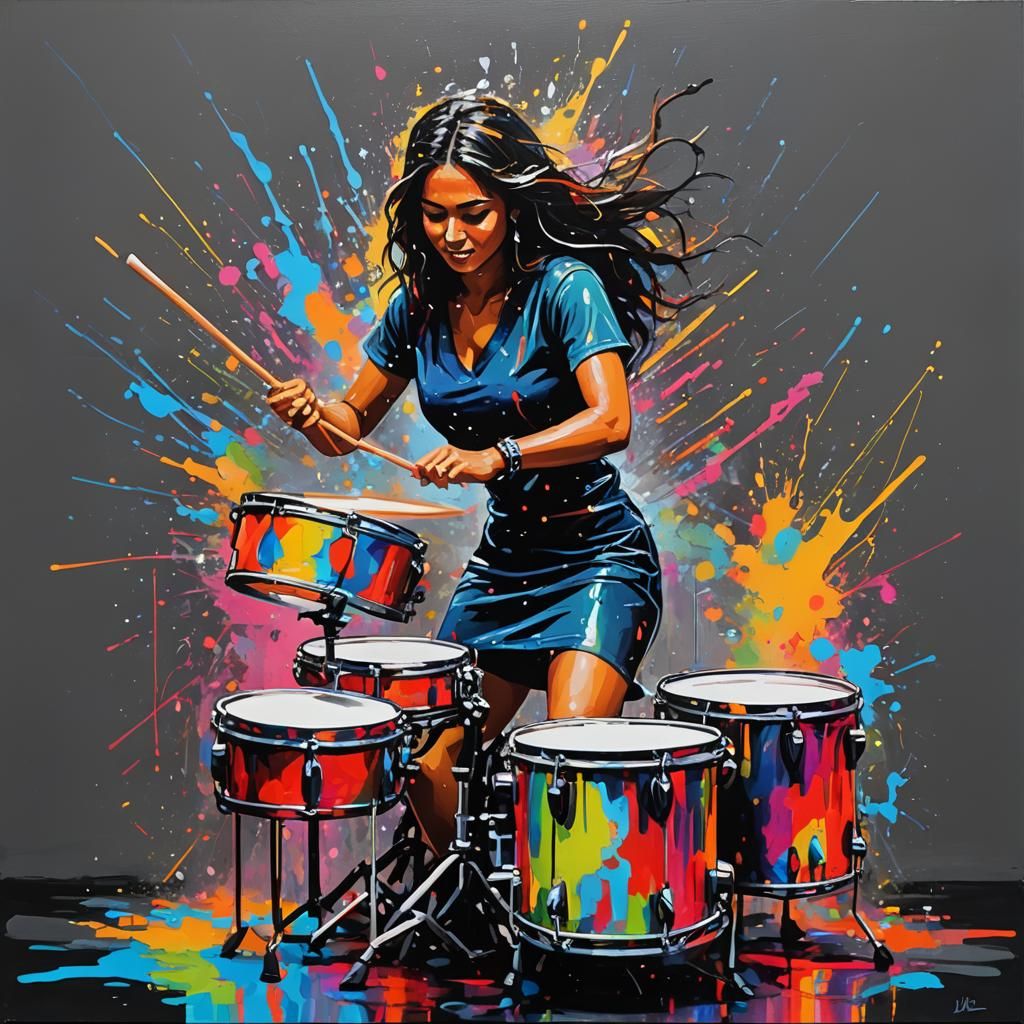 Latina Drummer in Neon Lights Acrylic Painting