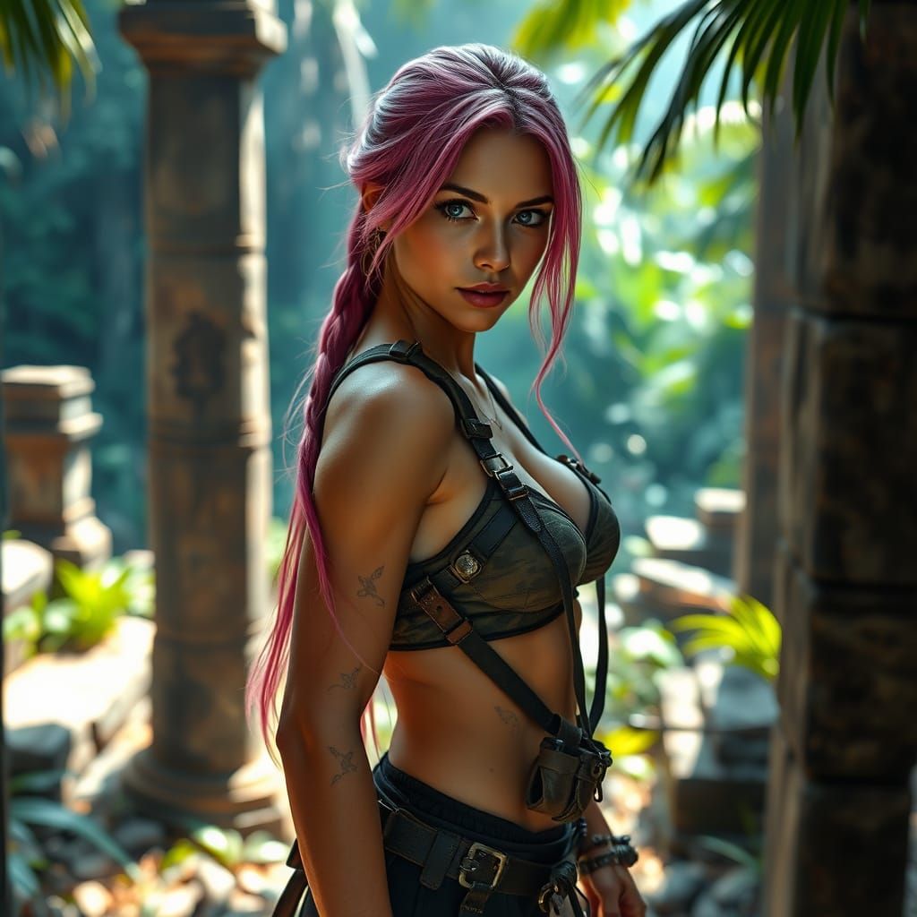 Woman Posing in Jungle Ruins in Cinematic Style